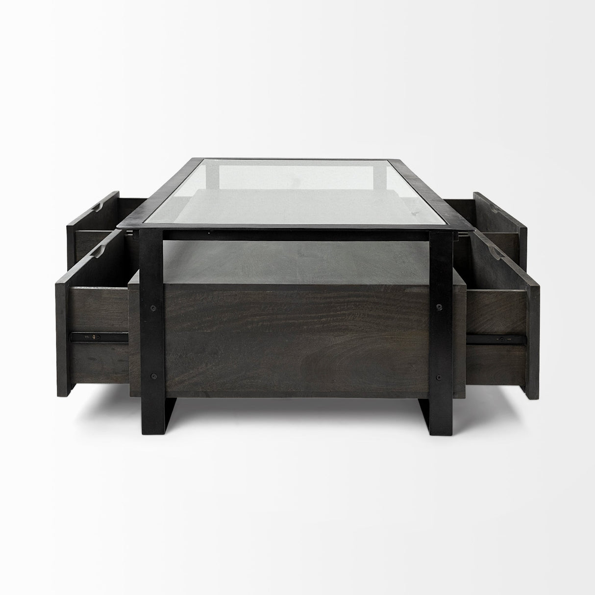 Vidro 54x30 Rectangular Glass Top Black Solid Wood Drawers & Black Frame Coffee Table by Mercana at Eve Furniture