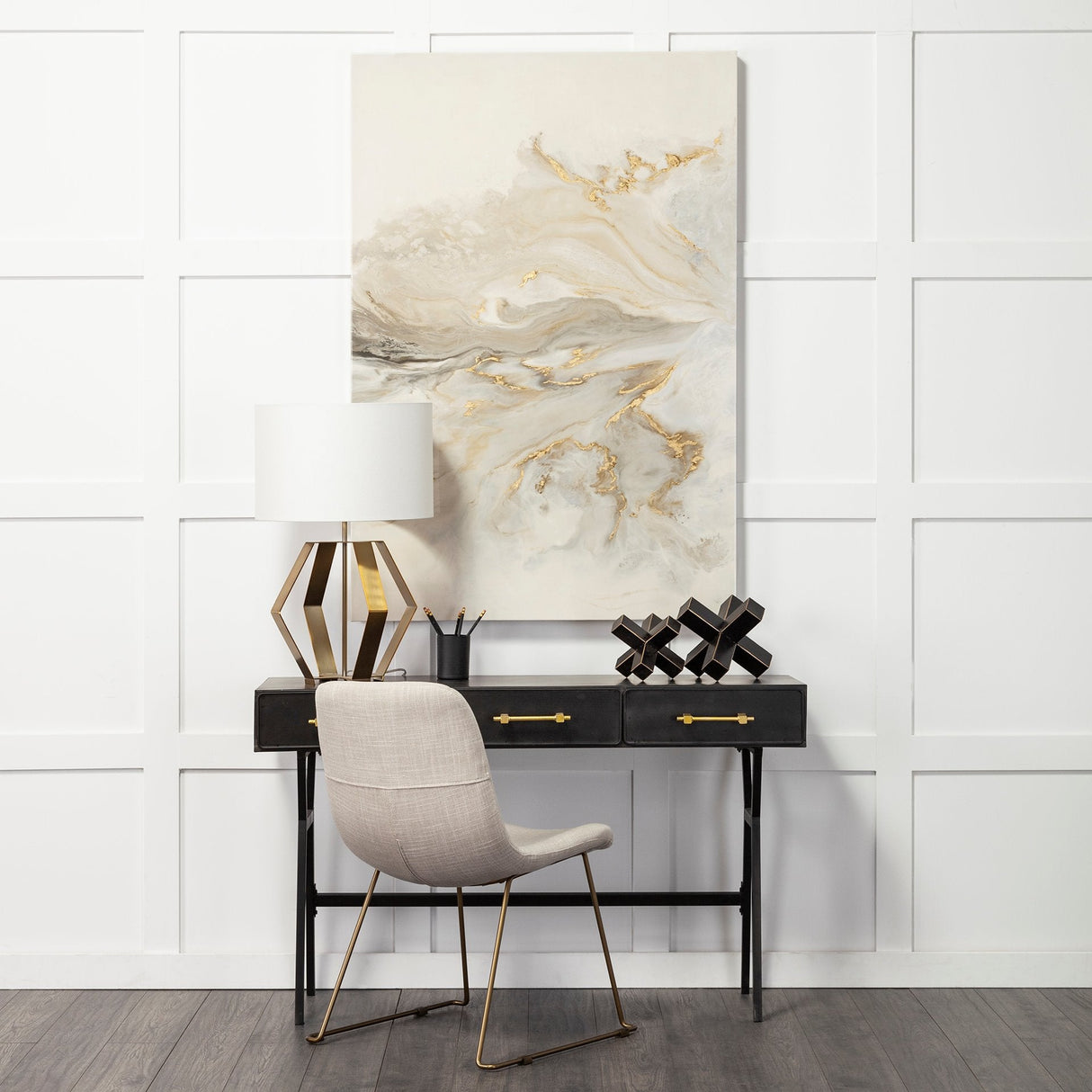 Vince Black Metal W/Gold Accents 3 Drawer Office Desk by Mercana at Eve Furniture