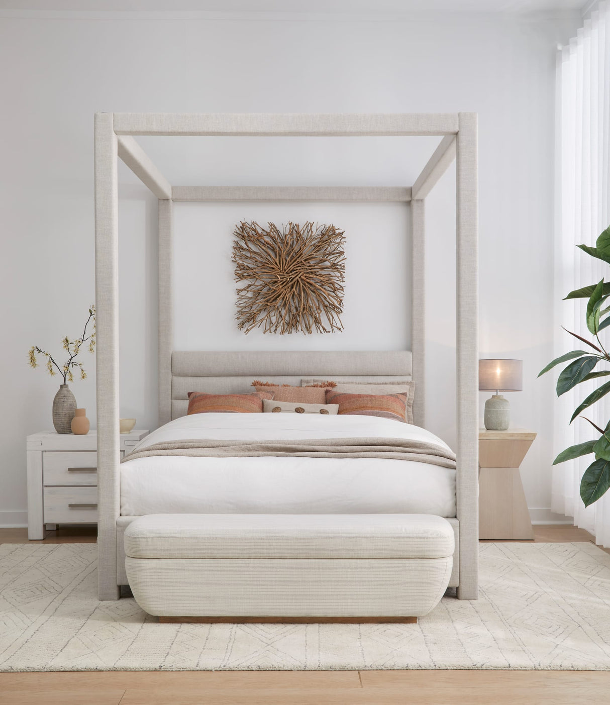 Virgil Rockford Turtle Dove Queen Upholstered Canopy Bed by Modus Furniture at Eve Furniture