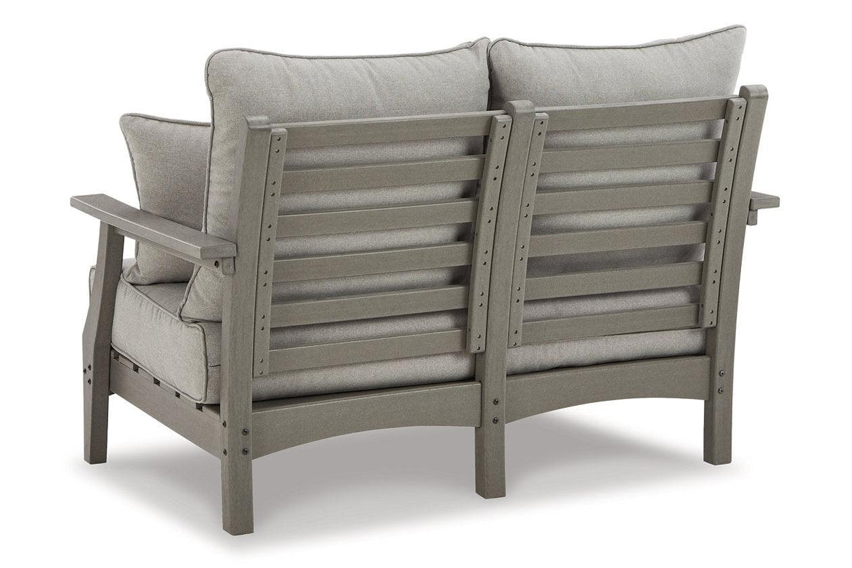 Visola Gray Outdoor Loveseat and 2 Chairs with Coffee Table by Ashley at Eve Furniture