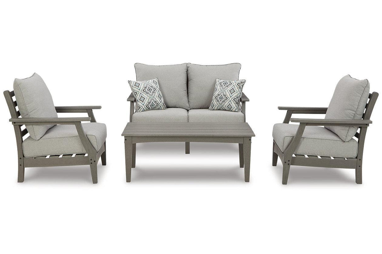Visola Gray Outdoor Loveseat and 2 Chairs with Coffee Table by Ashley at Eve Furniture