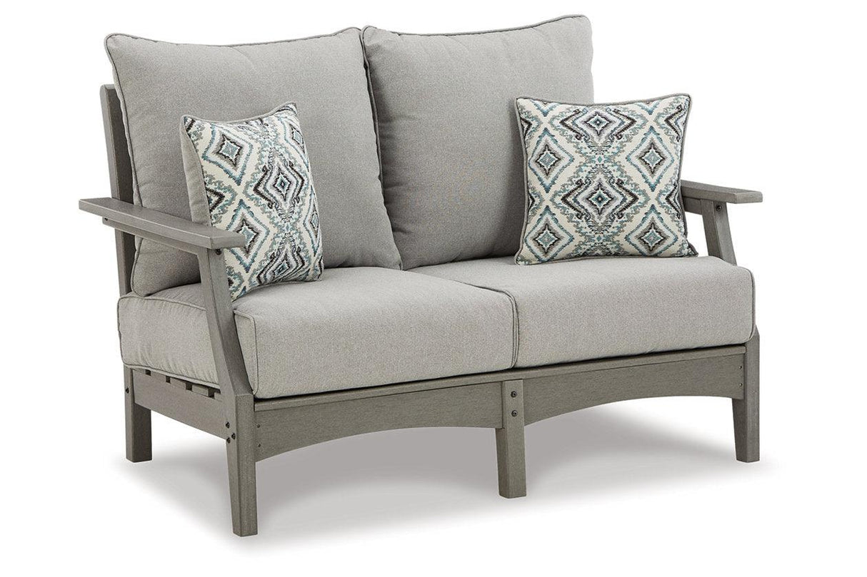 Visola Gray Outdoor Loveseat with Cushion by Ashley at Eve Furniture