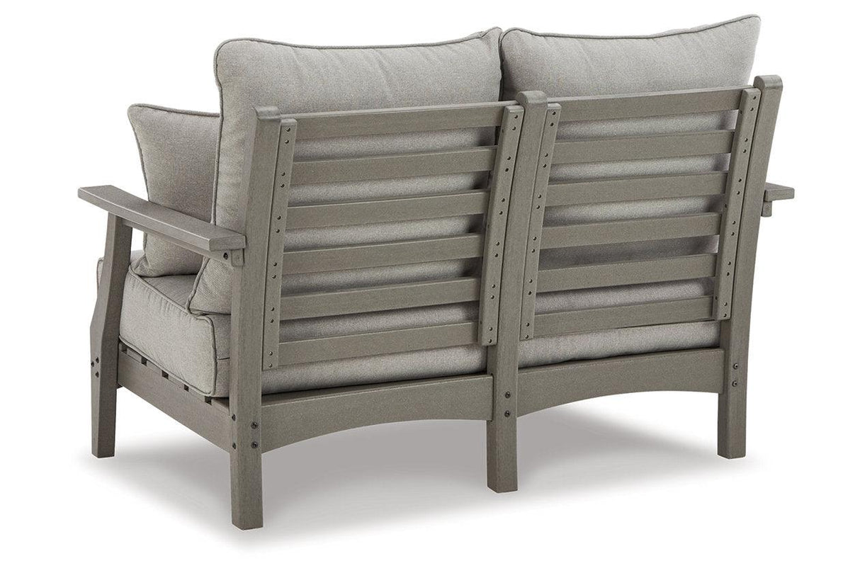Visola Gray Outdoor Loveseat with Cushion by Ashley at Eve Furniture