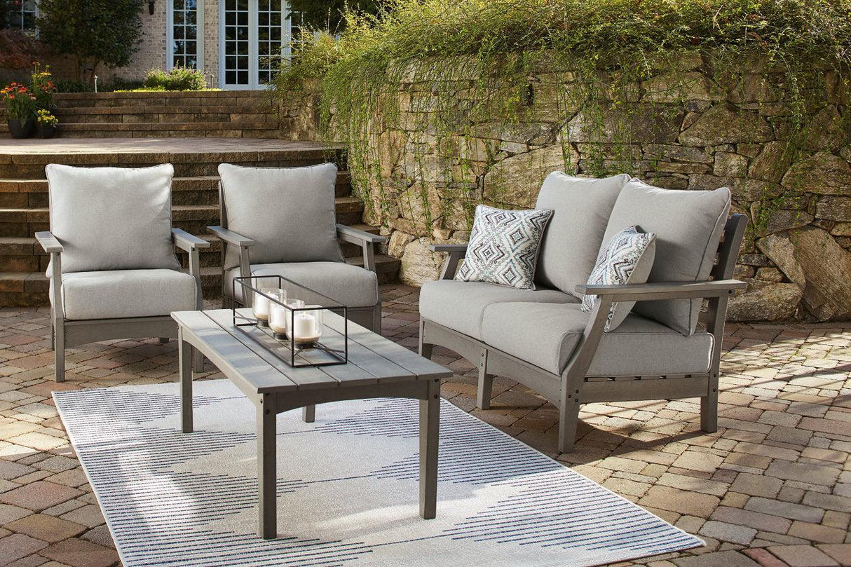 Visola Gray Outdoor Loveseat and 2 Chairs with Coffee Table by Ashley at Eve Furniture