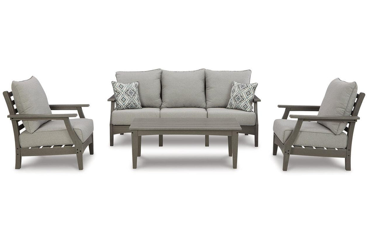 Visola Gray Outdoor Sofa and 2 Chairs with Coffee Table by Ashley at Eve Furniture