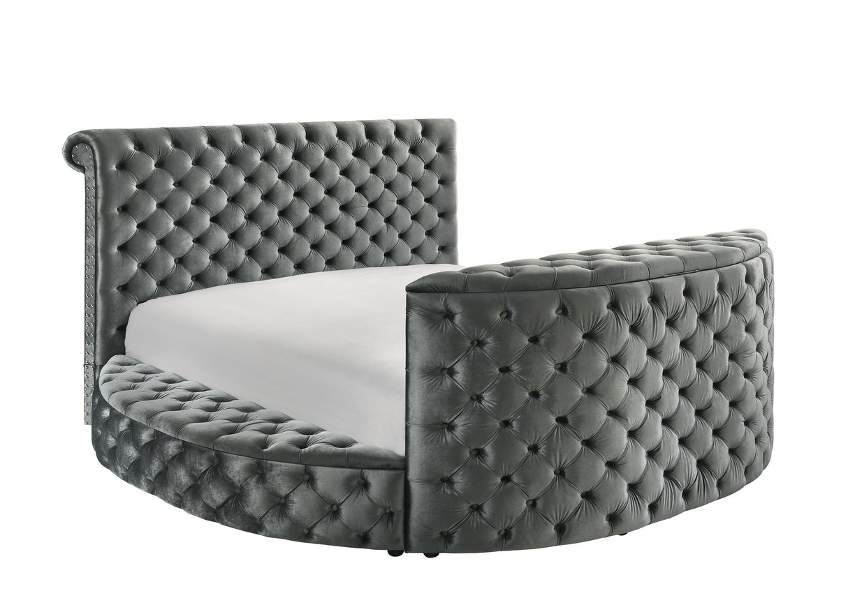 Voltare Gray King Upholstered Fireplace Bed with TV Lift by Crown Mark at Eve Furniture