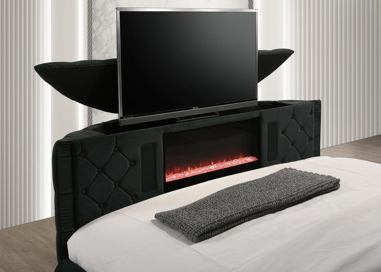 Voltare Black King Upholstered Fireplace Bed with TV Lift by Crown Mark at Eve Furniture