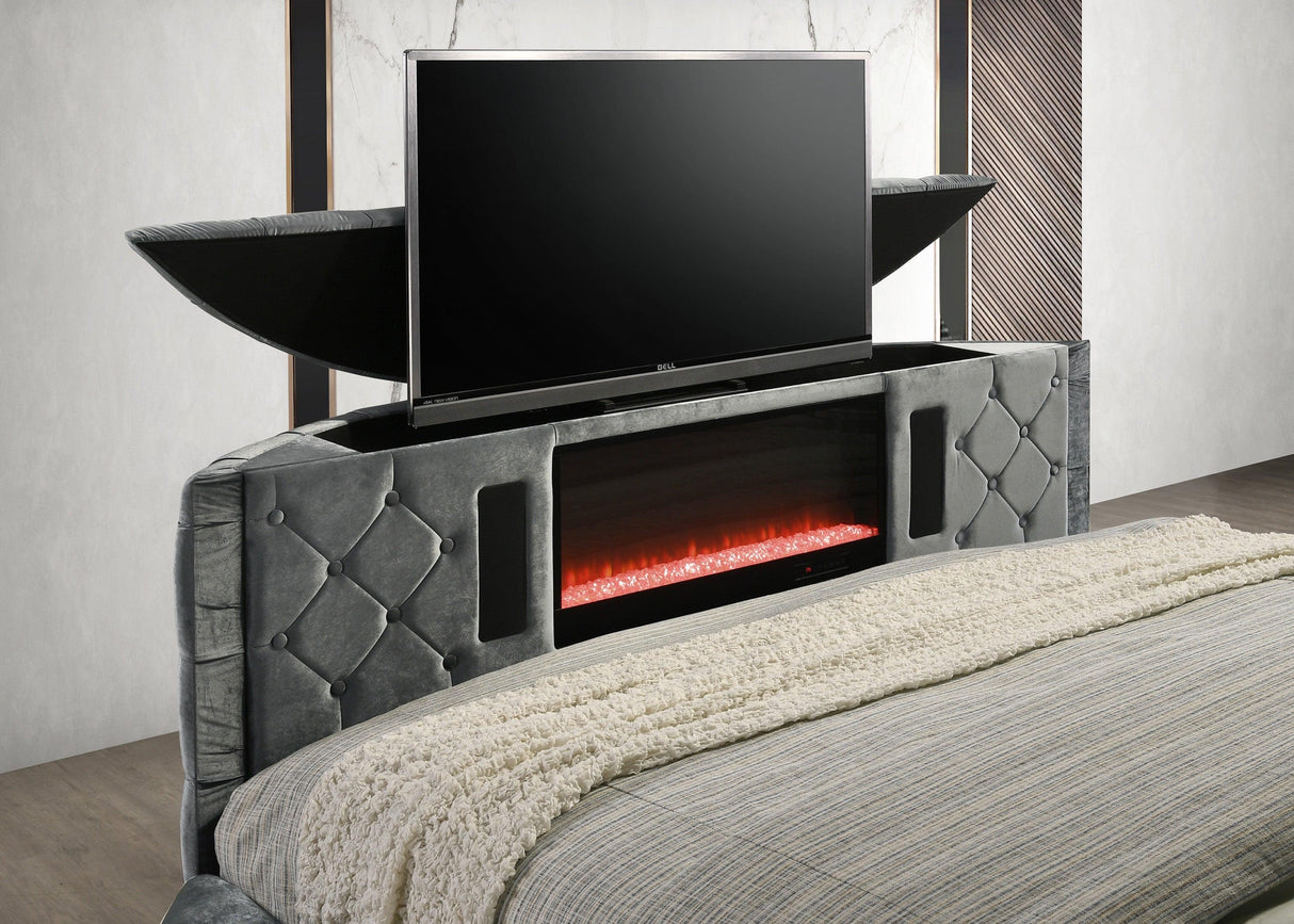 Voltare Gray King Upholstered Fireplace Bed with TV Lift by Crown Mark at Eve Furniture