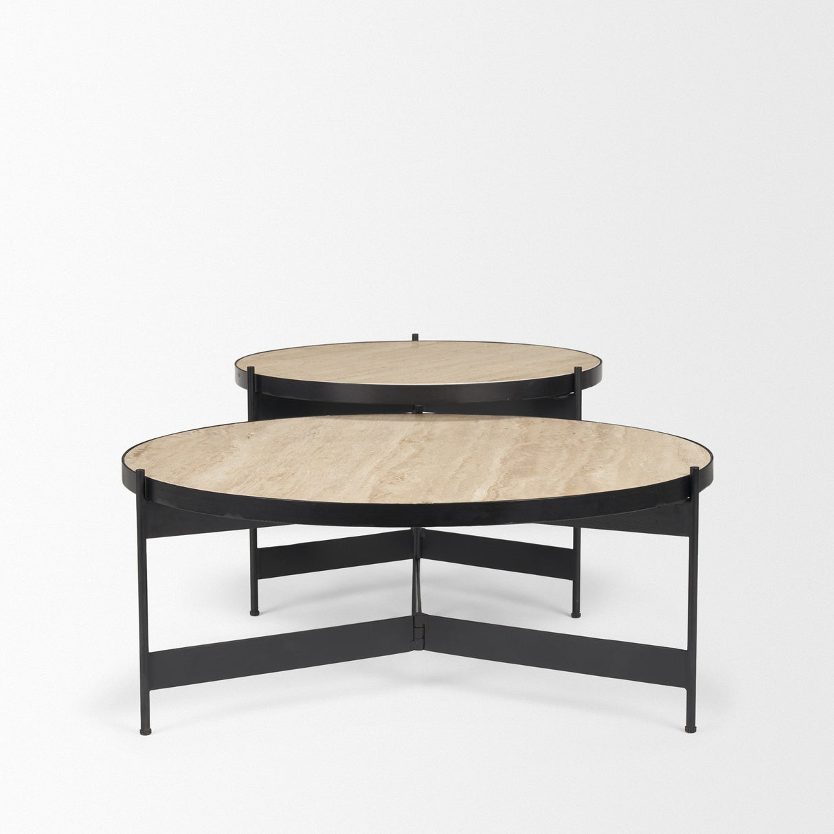 Wade Travertine Marble w/ Matte Black Metal Coffee Tables by Mercana at Eve Furniture