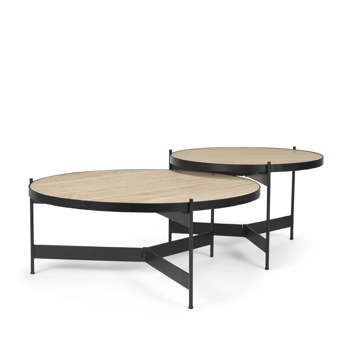Wade Travertine Marble w/ Matte Black Metal Coffee Tables by Mercana at Eve Furniture