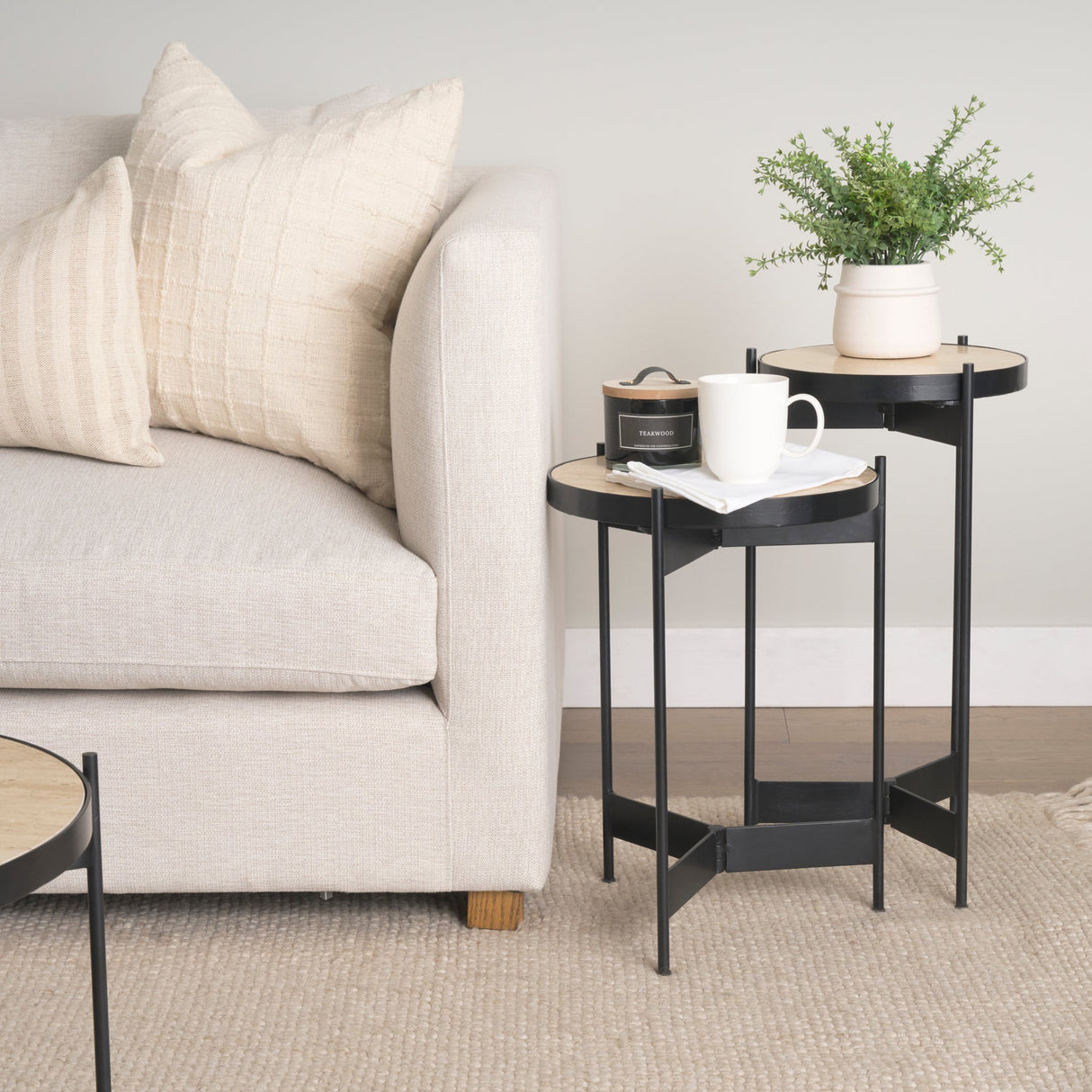 Wade Travertine Marble w/ Matte Black Metal End Tables by Mercana at Eve Furniture