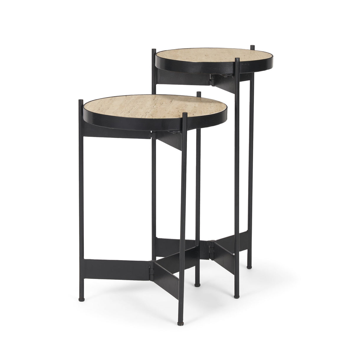 Wade Travertine Marble w/ Matte Black Metal End Tables by Mercana at Eve Furniture