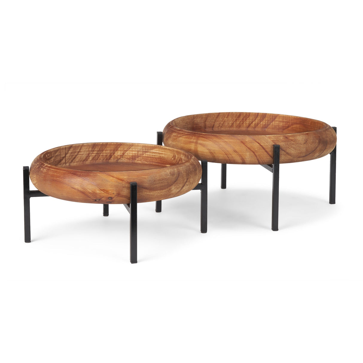Wally Round Medium Brown Wood w/ Matte Black Metal Stand Trays by Mercana at Eve Furniture