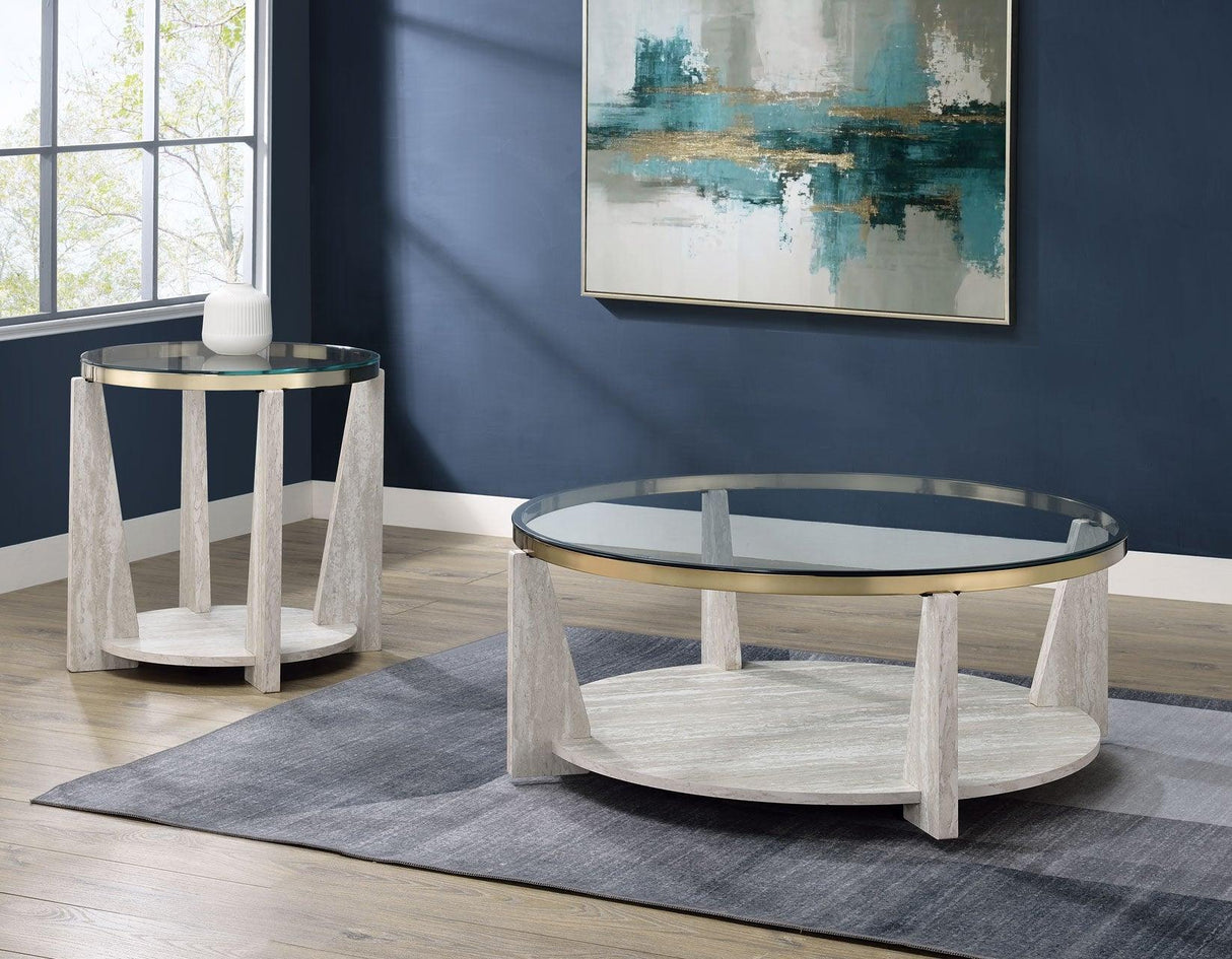 Wanda 42″ Round Glass Top Coffee Table with Casters by Steve Silver at Eve Furniture