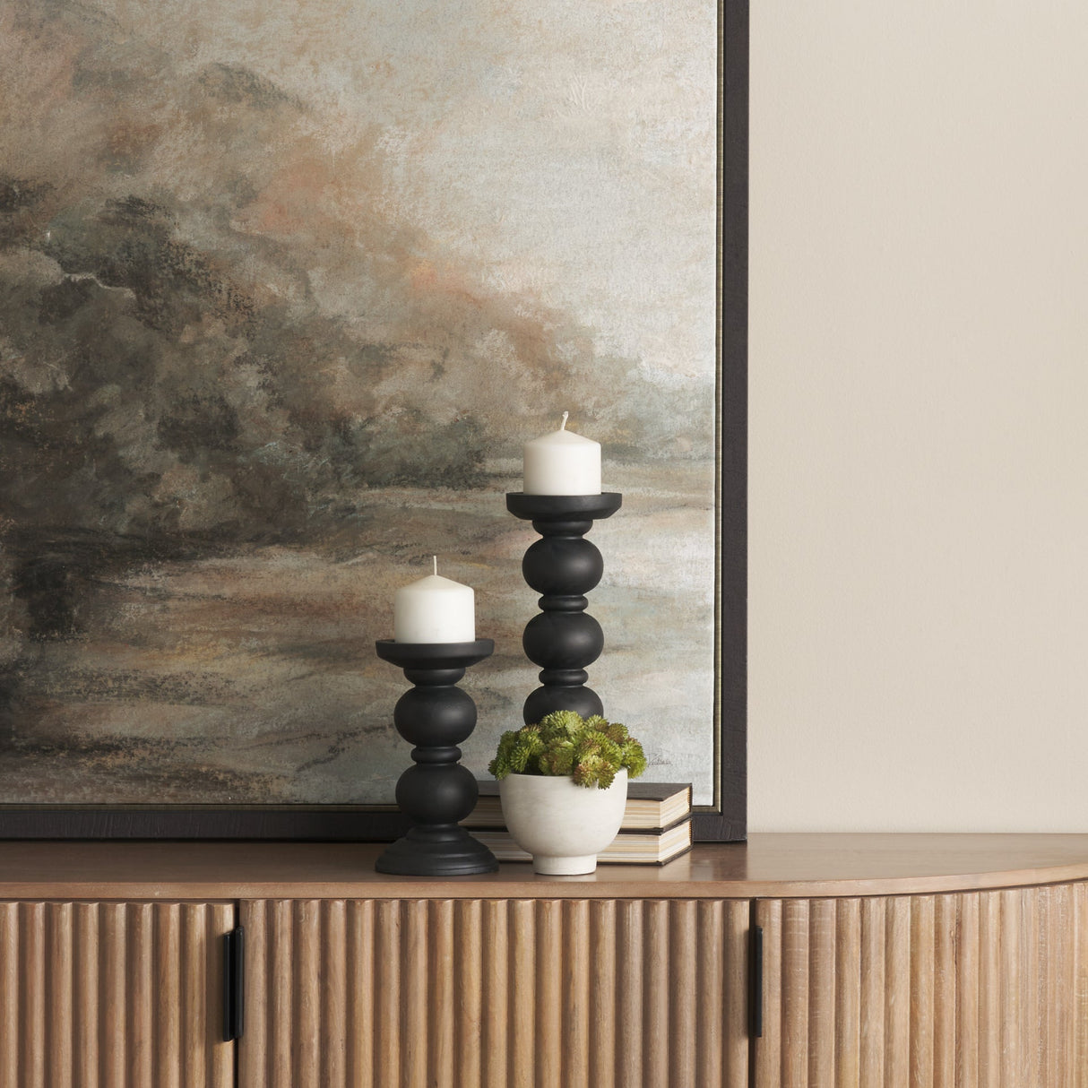 Wanda Matte Black Wood Pillar Candle Holders (Set of 2) by Mercana at Eve Furniture