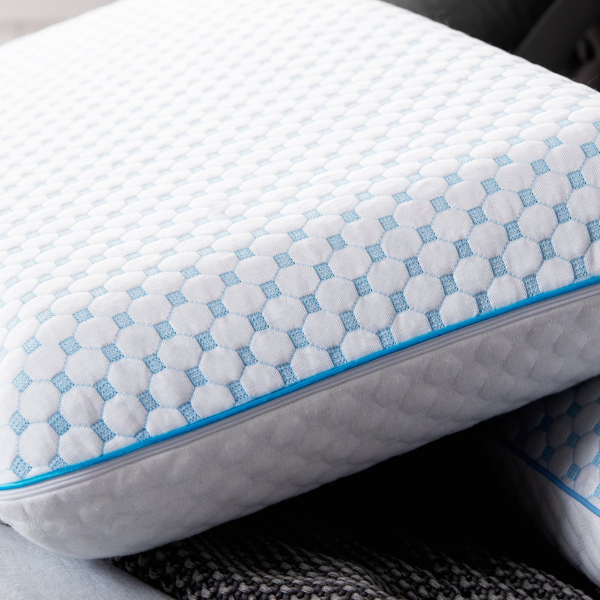 Weekender White/Blue Queen Gel Memory Foam Pillow + Reversible Cooling Cover by Malouf at Eve Furniture