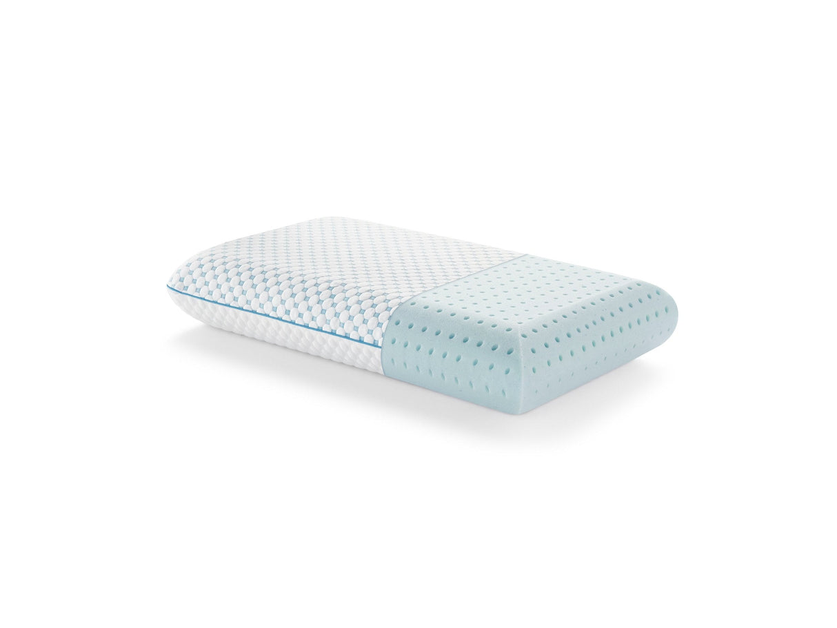 Weekender White/Blue Standard Gel Memory Foam Pillow + Reversible Cooling Cover by Malouf at Eve Furniture