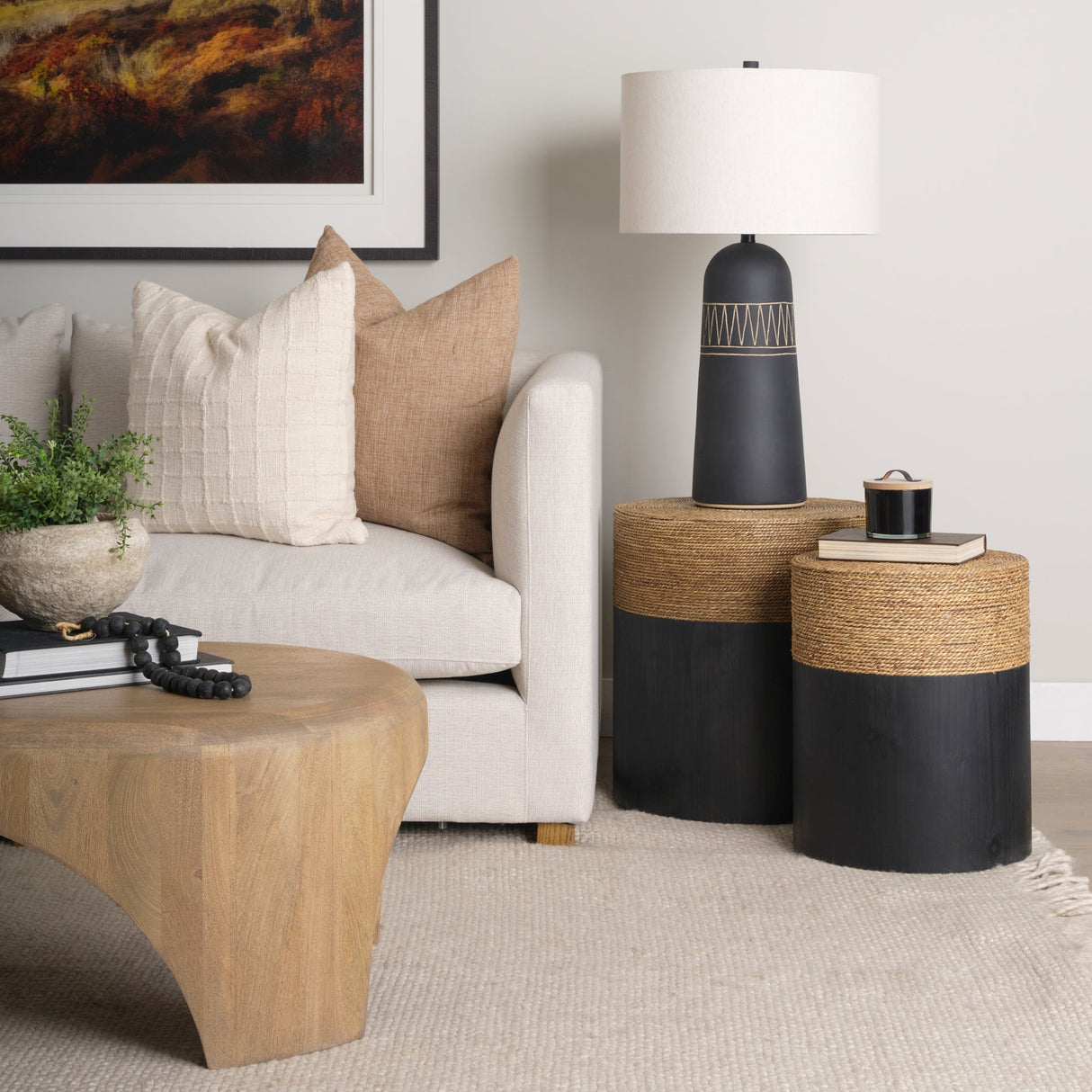Wenopa Matte Black Wood w/ Natural Jute Accent Tables by Mercana at Eve Furniture