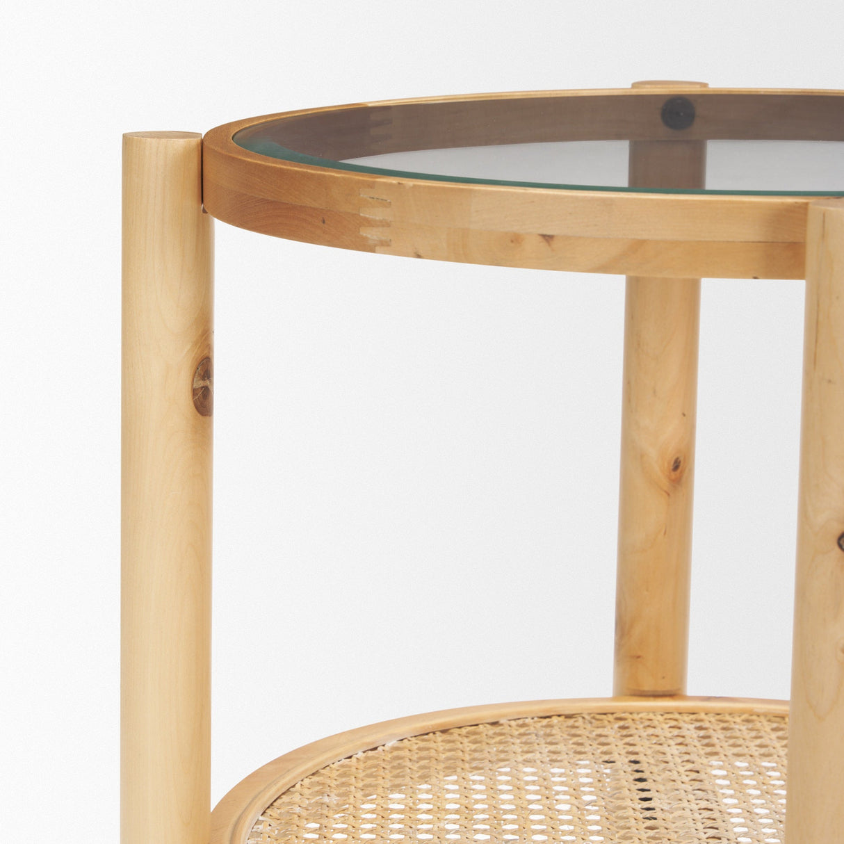 Weslyn Solid Light Brown Wood and Glass Top w/ Cane Side Table by Mercana at Eve Furniture