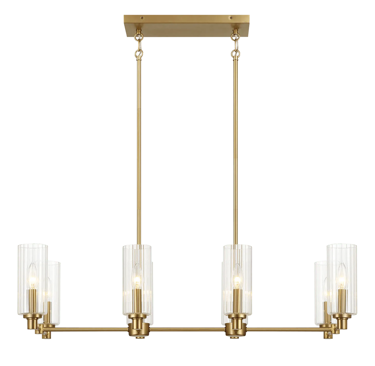 Willow Eight Lights Island With Clear Ribbed Glass Pendant Lamp - Satin Brass by Ashcroft Furniture at Eve Furniture