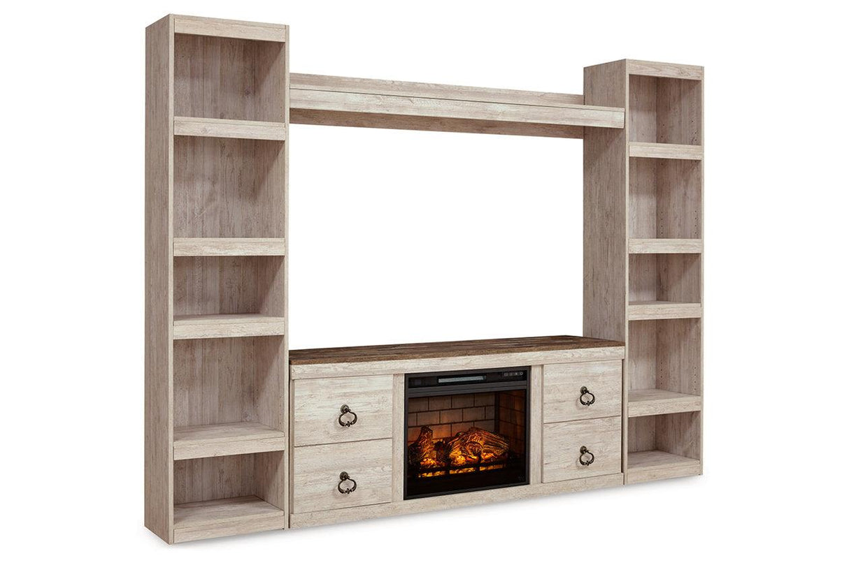 Willowton Whitewash 4-Piece Entertainment Center with Electric Fireplace by Ashley at Eve Furniture