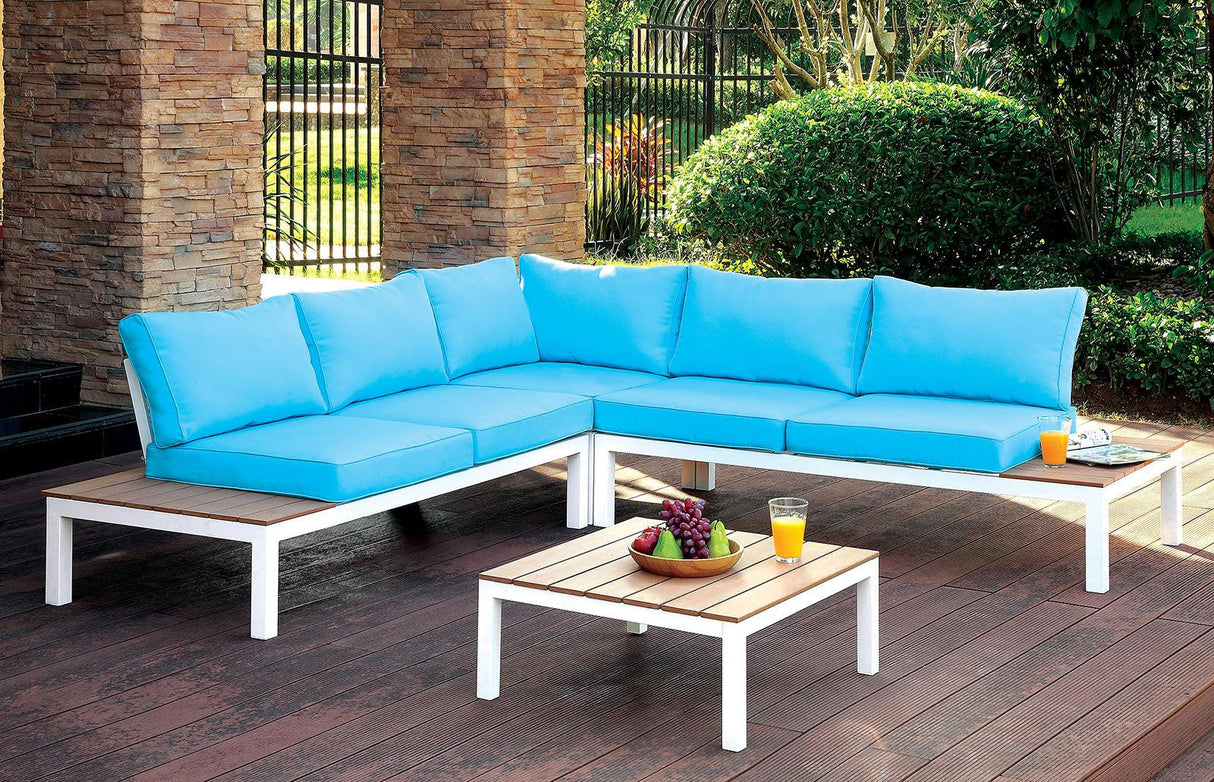 Winona White/Oak/Blue Patio Sectional w/ Ottoman by Furniture of America at Eve Furniture