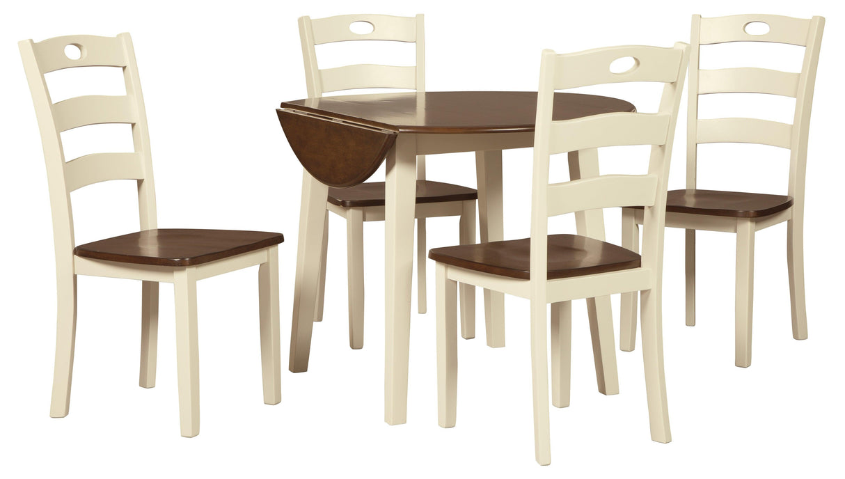 Woodanville White and Brown Round 5-Piece Drop Leaf Dining Room Set by Ashley at Eve Furniture