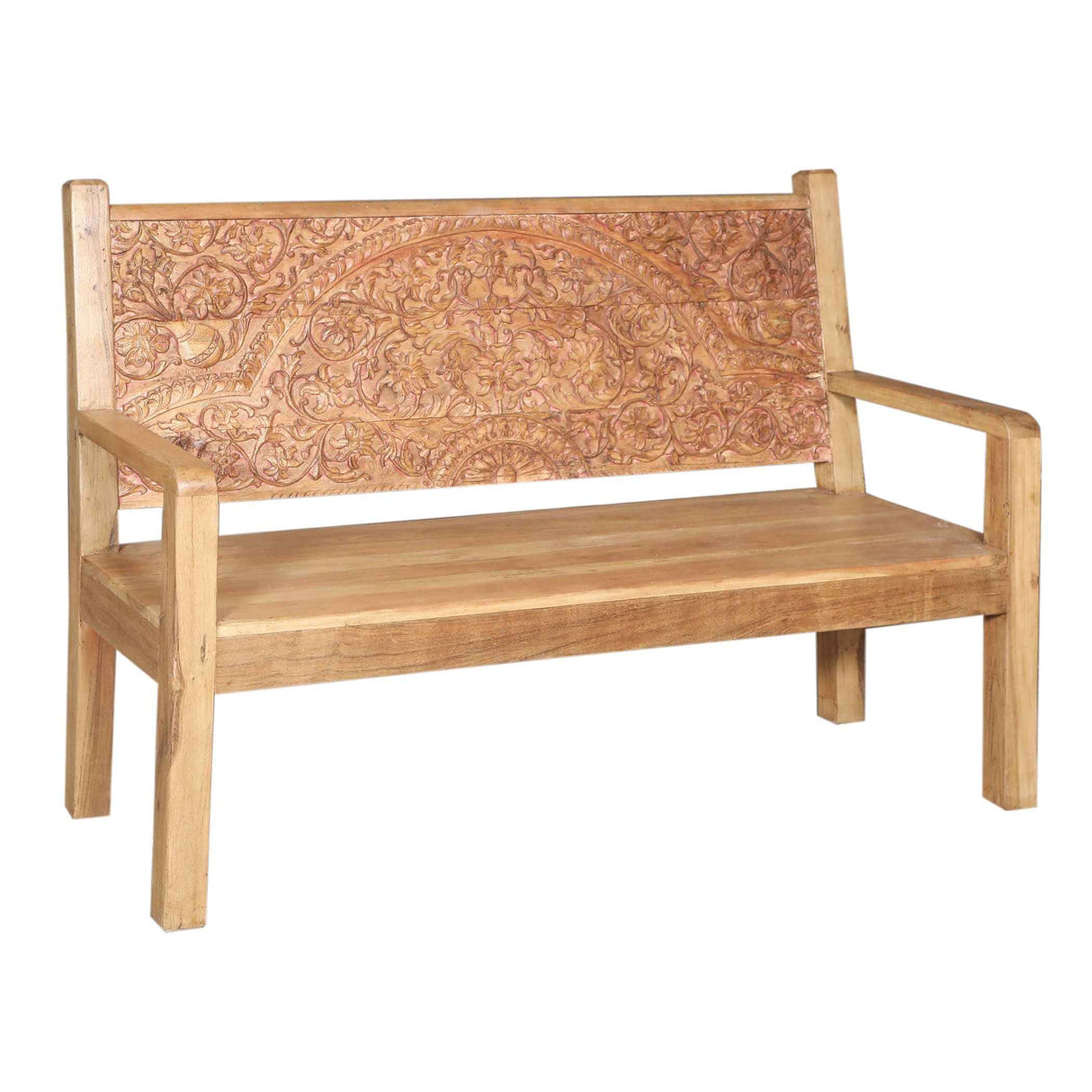 Wooden Bench with Hand Carved Back