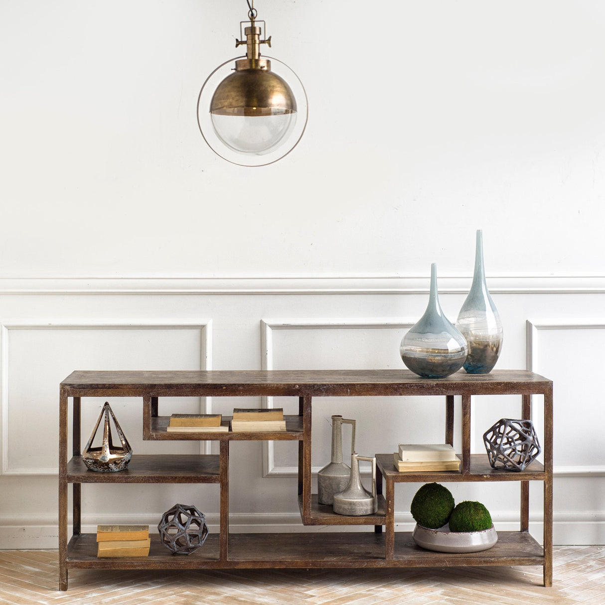 Wright I 16L x 66W Brown Wood Multi-Level Shelf Console Table by Mercana at Eve Furniture