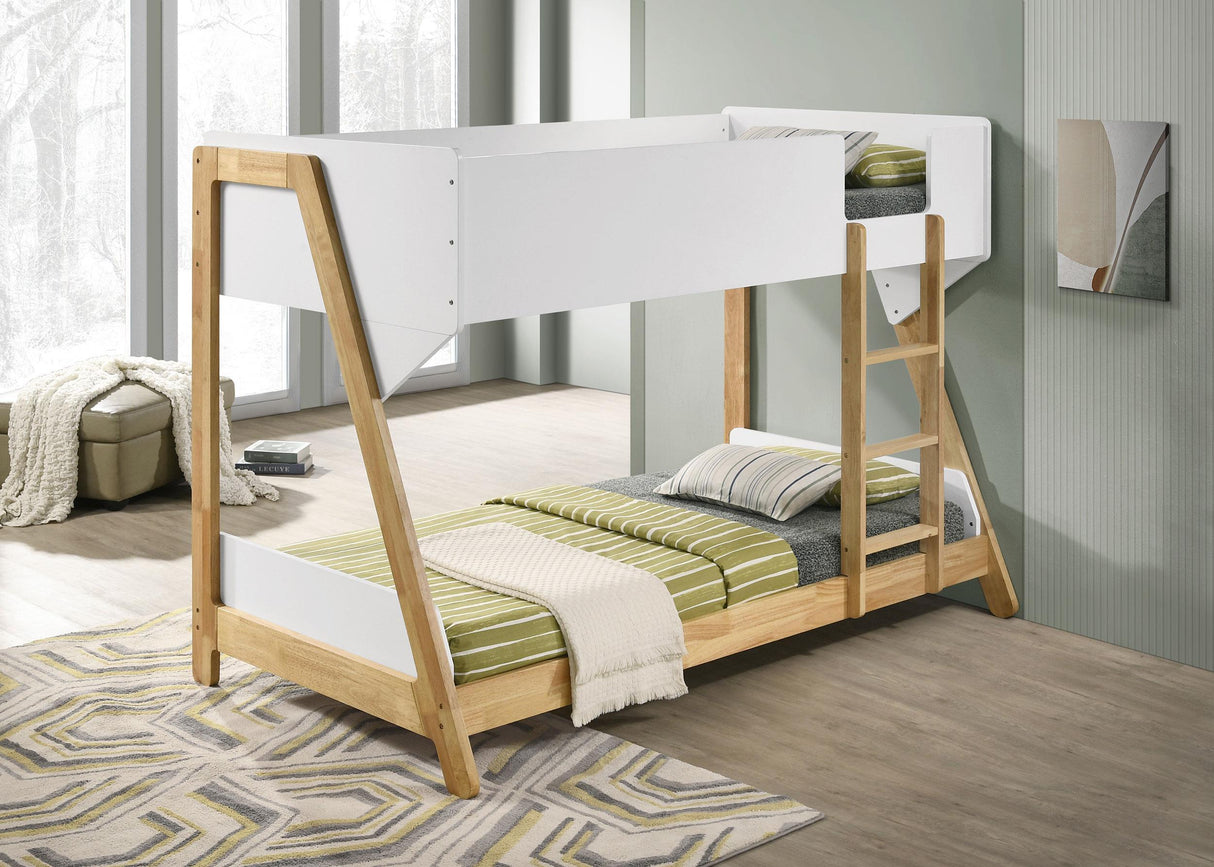 Wyatt White and Natural Wood Twin Over Twin Bunk Bed by Coaster at Eve Furniture