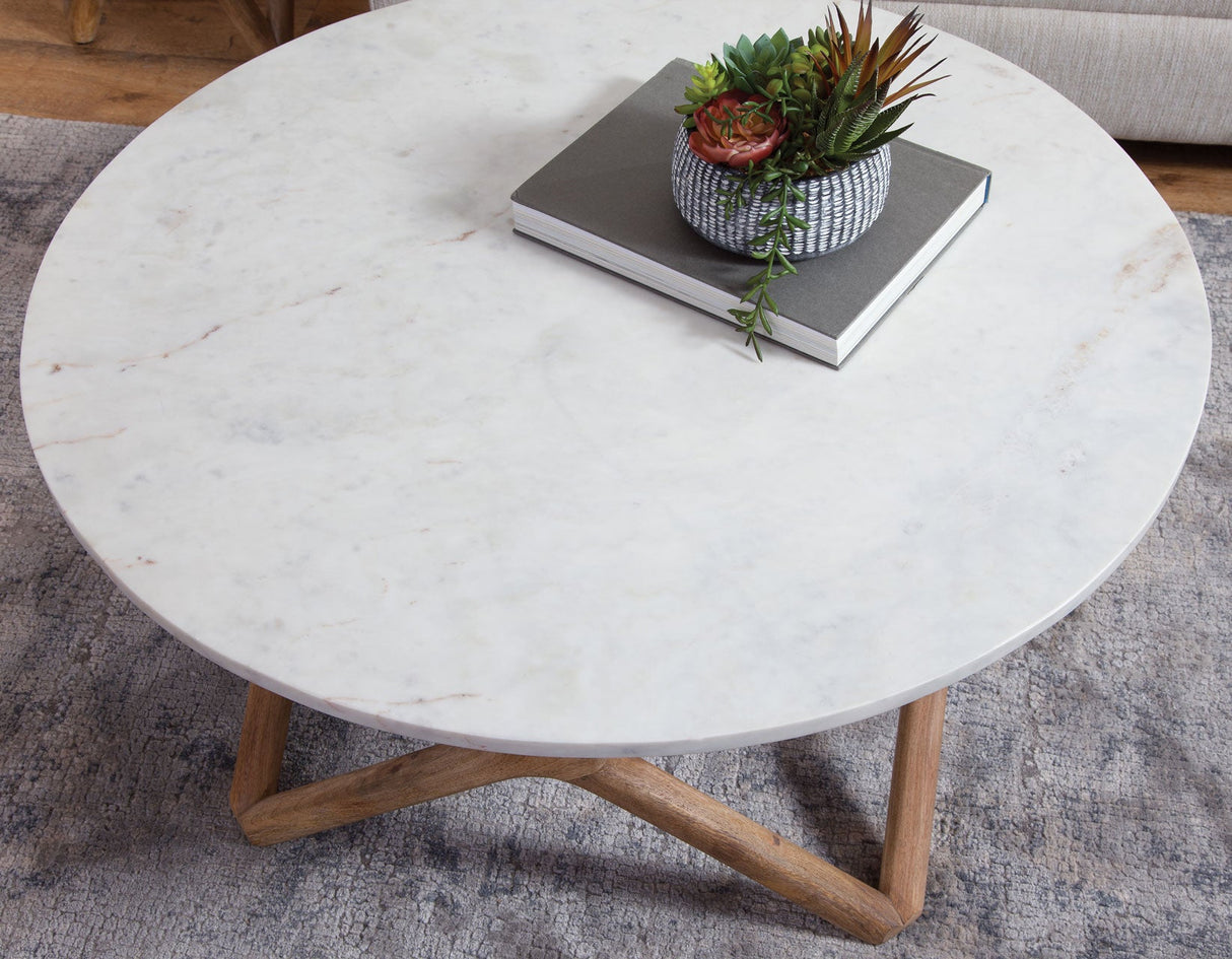Wyman Banswara 36″ Round White Marble Top Cocktail Table by Steve Silver at Eve Furniture