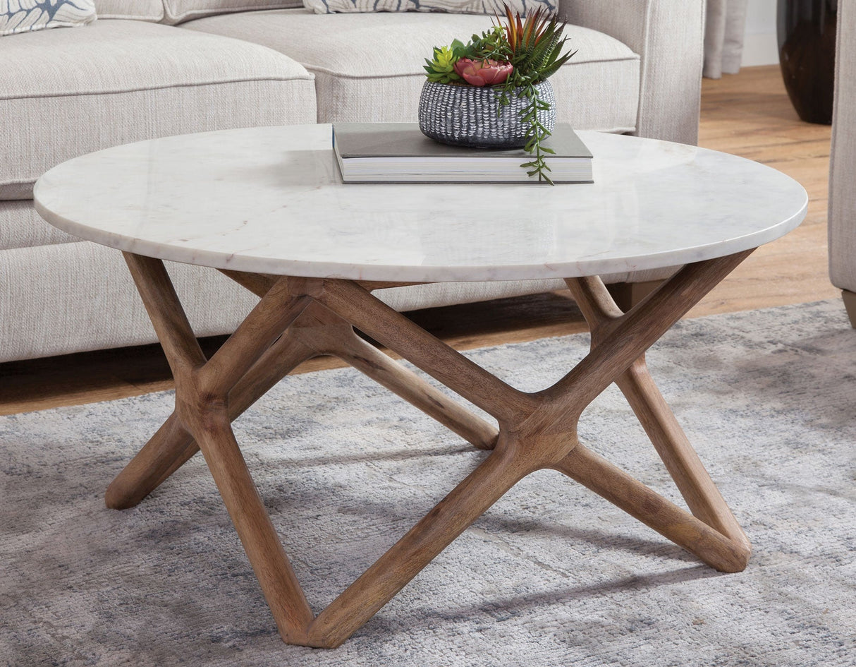 Wyman Banswara 36″ Round White Marble Top Cocktail Table by Steve Silver at Eve Furniture