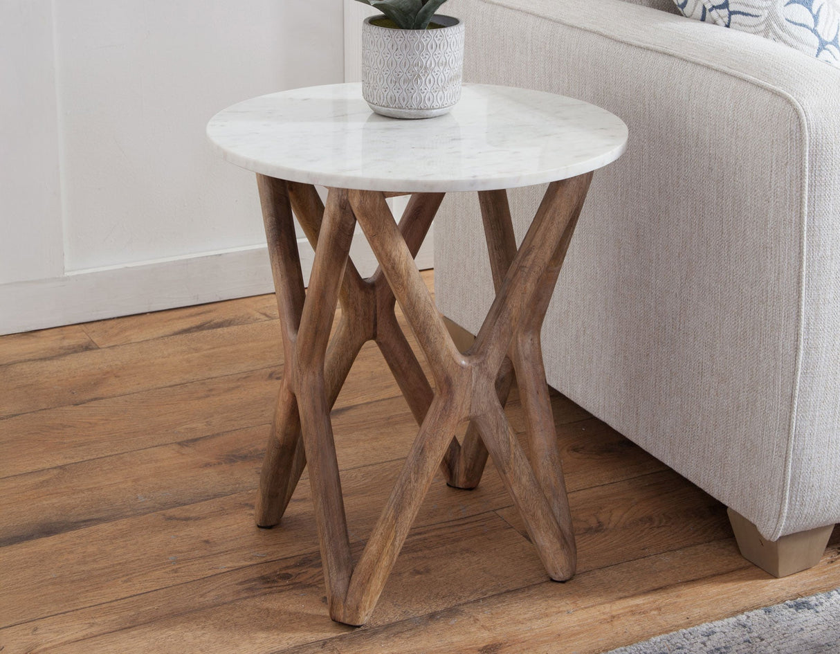 Wyman Banswara 20″ Round White Marble Top End Table by Steve Silver at Eve Furniture