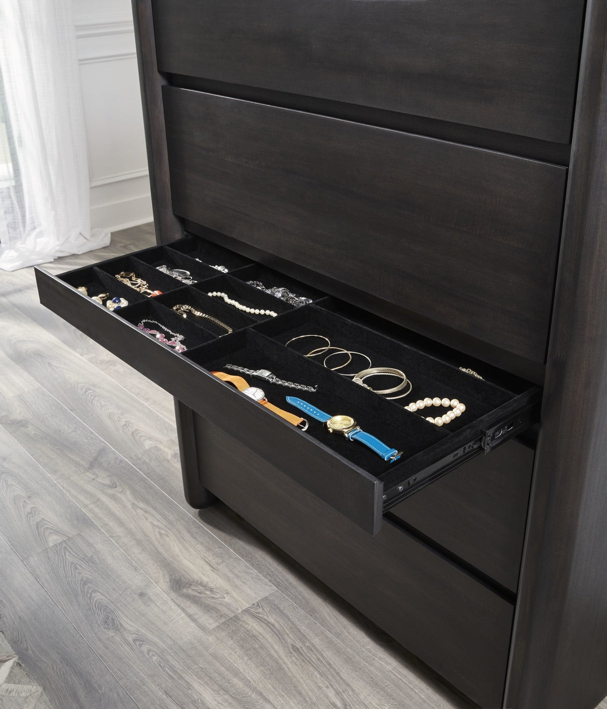 Xolani Jaguar Five Drawer Acacia Wood Chest with Jewelry Tray by Modus Furniture at Eve Furniture