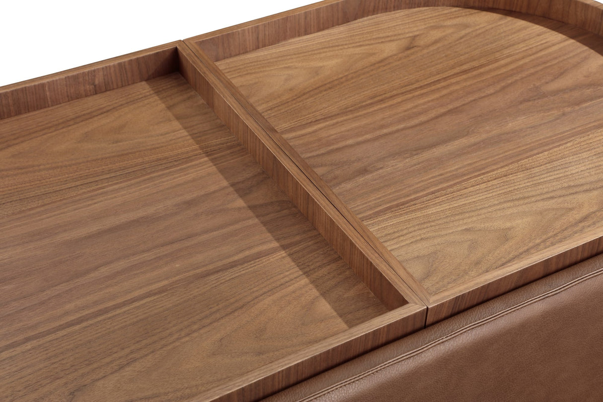 Yeal Sahara Leather Upholstered Storage Coffee Table with Wooden Tray Top and Casters by Modus Furniture at Eve Furniture