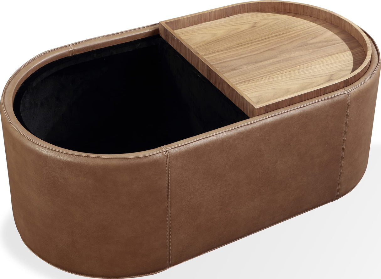 Yeal Sahara Leather Upholstered Storage Coffee Table with Wooden Tray Top and Casters by Modus Furniture at Eve Furniture