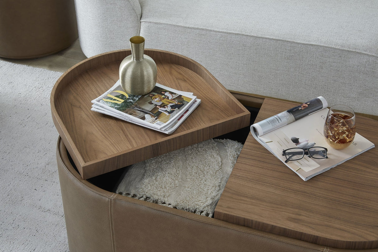Yeal Sahara Leather Upholstered Storage Coffee Table with Wooden Tray Top and Casters by Modus Furniture at Eve Furniture