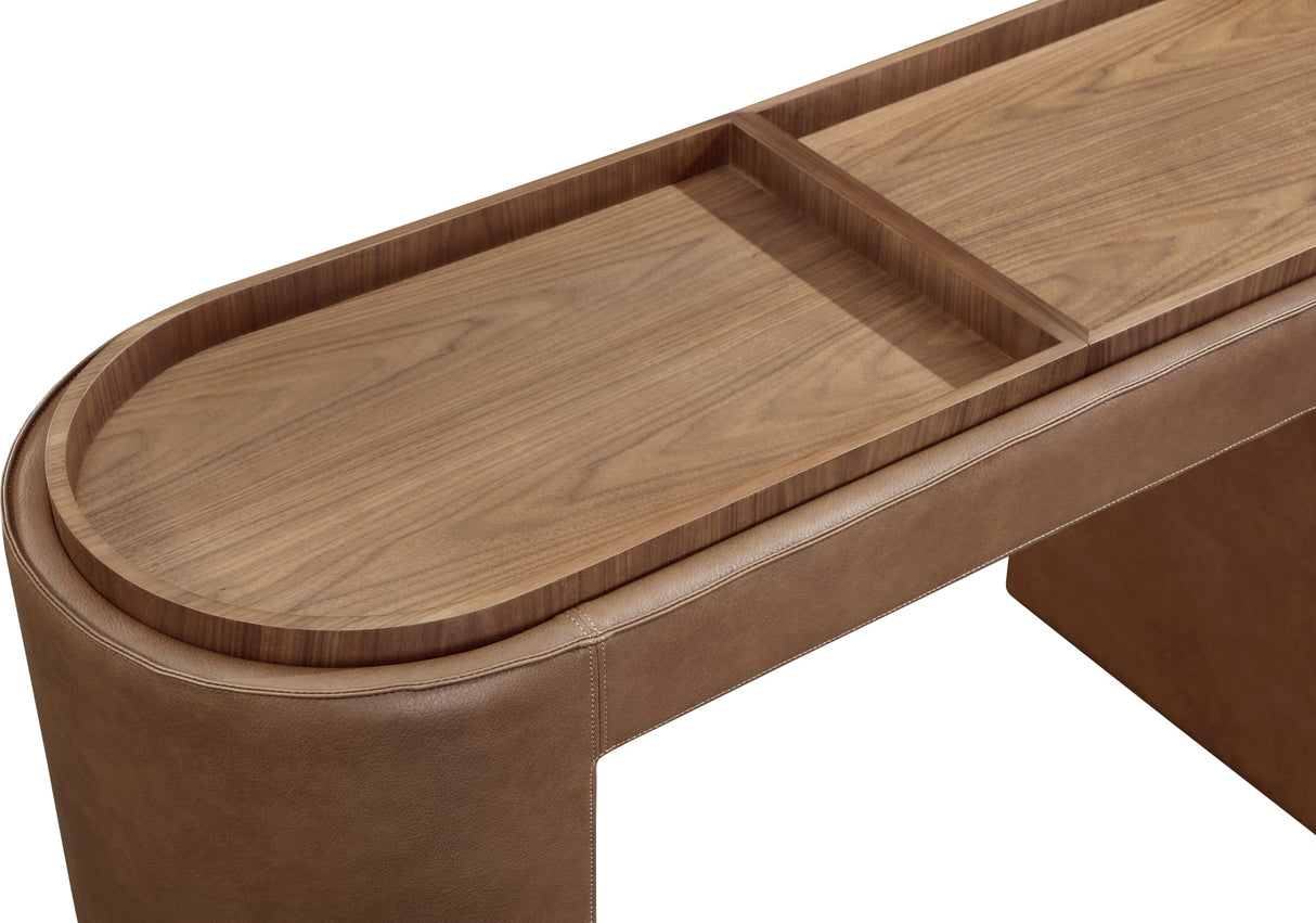 Yeal Sahara Leather Upholstered Storage Console Table with Wooden Tray Top by Modus Furniture at Eve Furniture