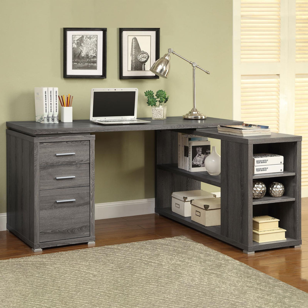 Yvette Weathered Gray L-shape Office Desk by Coaster at Eve Furniture