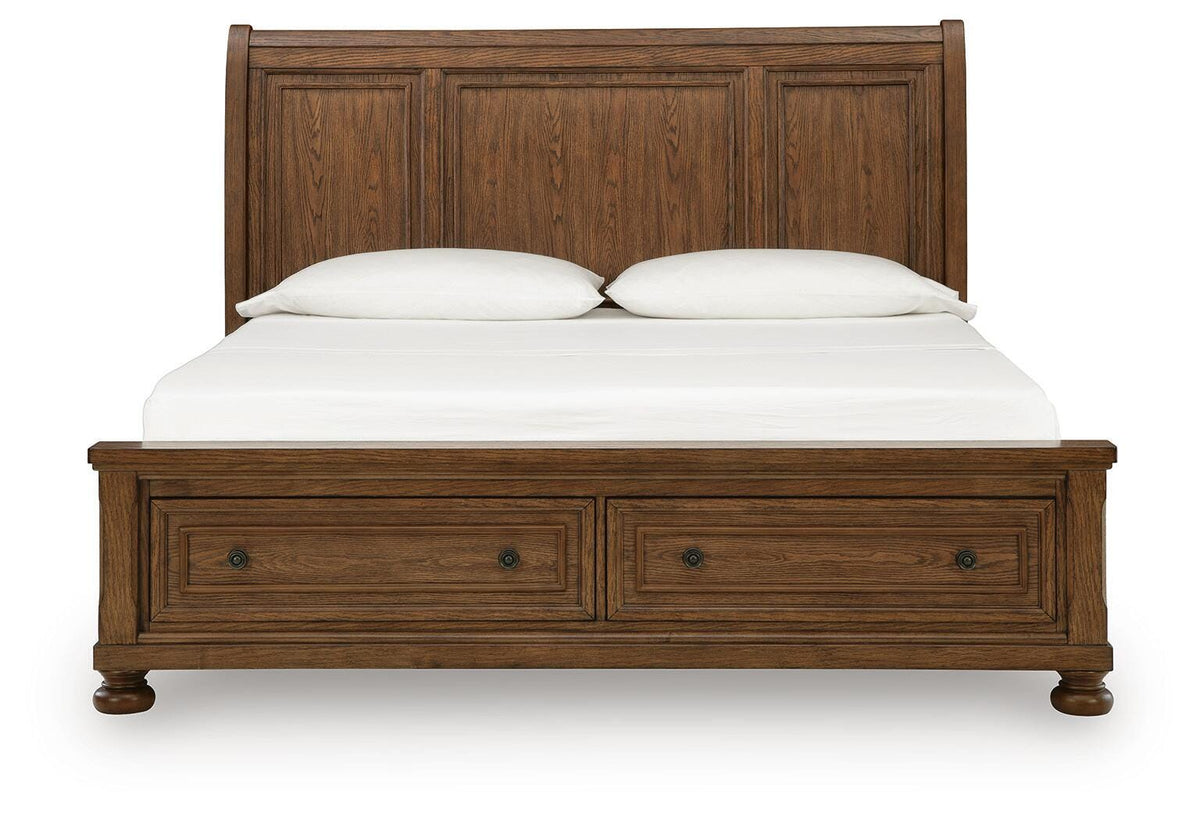 Zackaryn Warm Brown California King Sleigh Storage Bed by Ashley at Eve Furniture