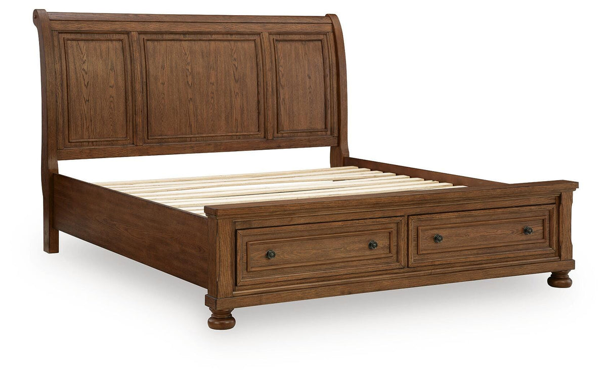 Zackaryn Warm Brown King Sleigh Storage Bed by Ashley at Eve Furniture