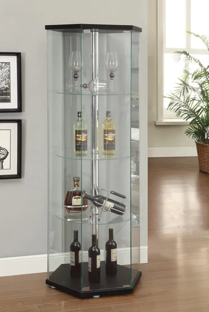 Zahavah Black/Clear 4-Shelf Hexagon Shaped Curio Cabinet by Coaster at Eve Furniture
