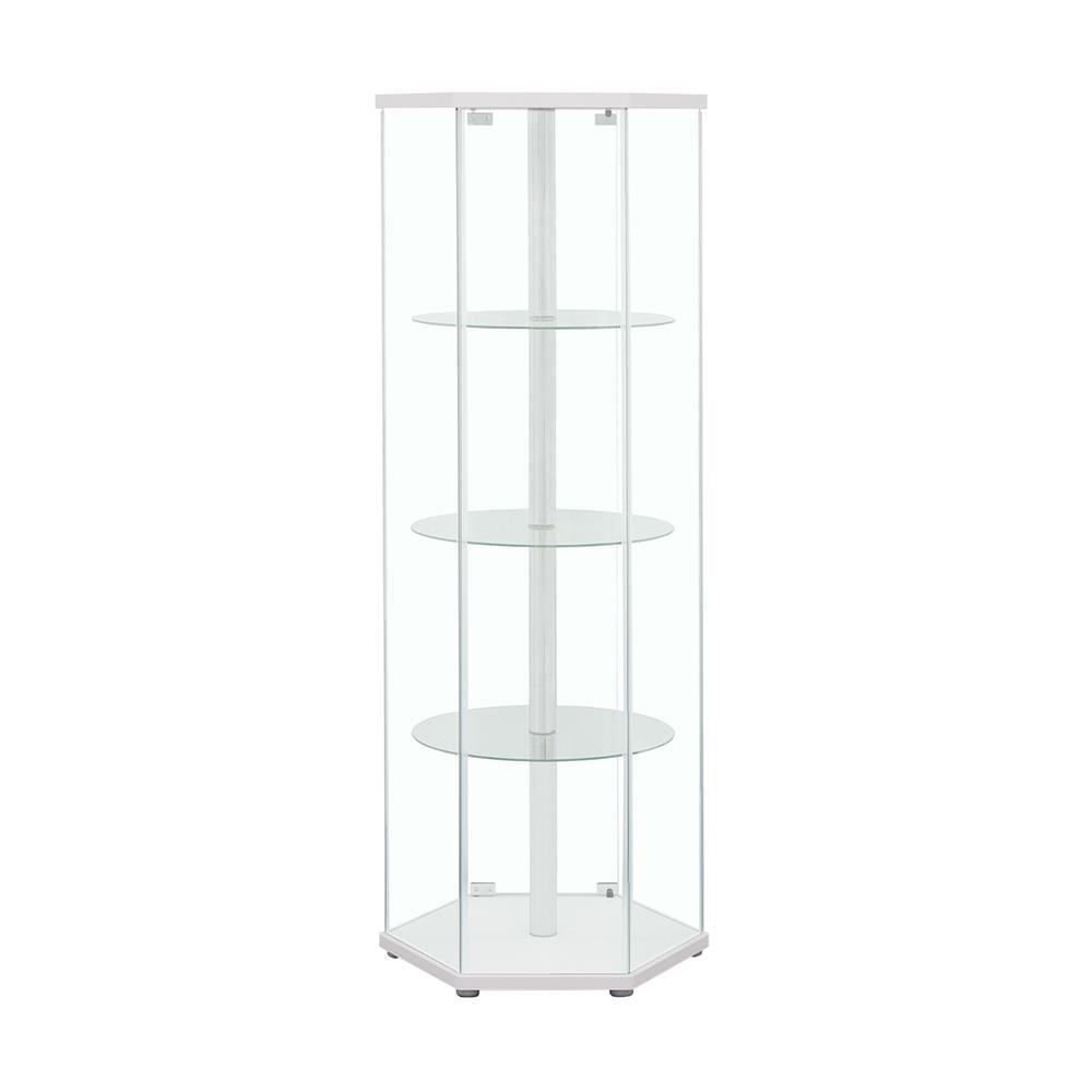 Zahavah White/Clear 4-Shelf Hexagon Shaped Curio Cabinet by Coaster at Eve Furniture