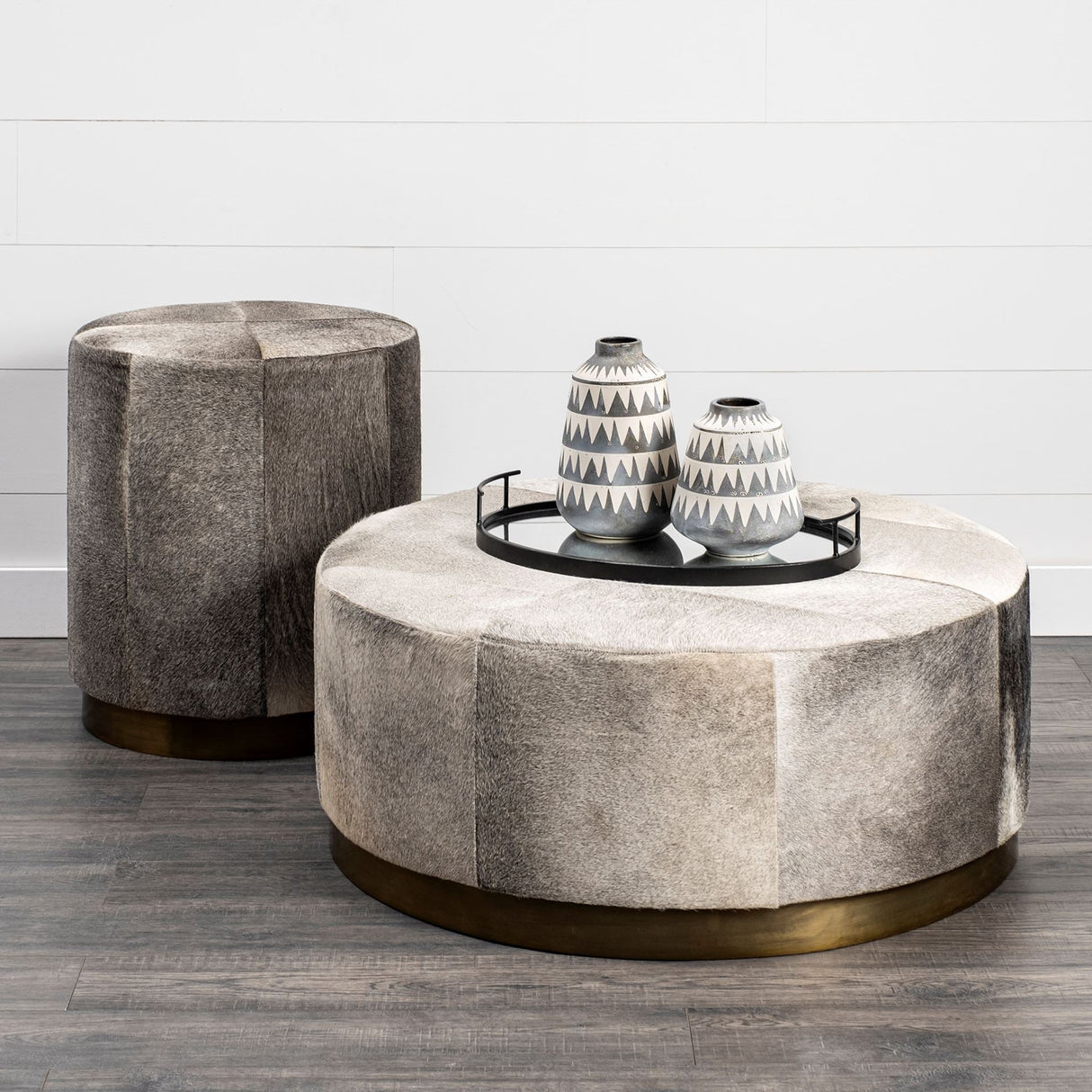 Zahavi I 23"H grey-toned hair-on-hide ottoman by Mercana at Eve Furniture