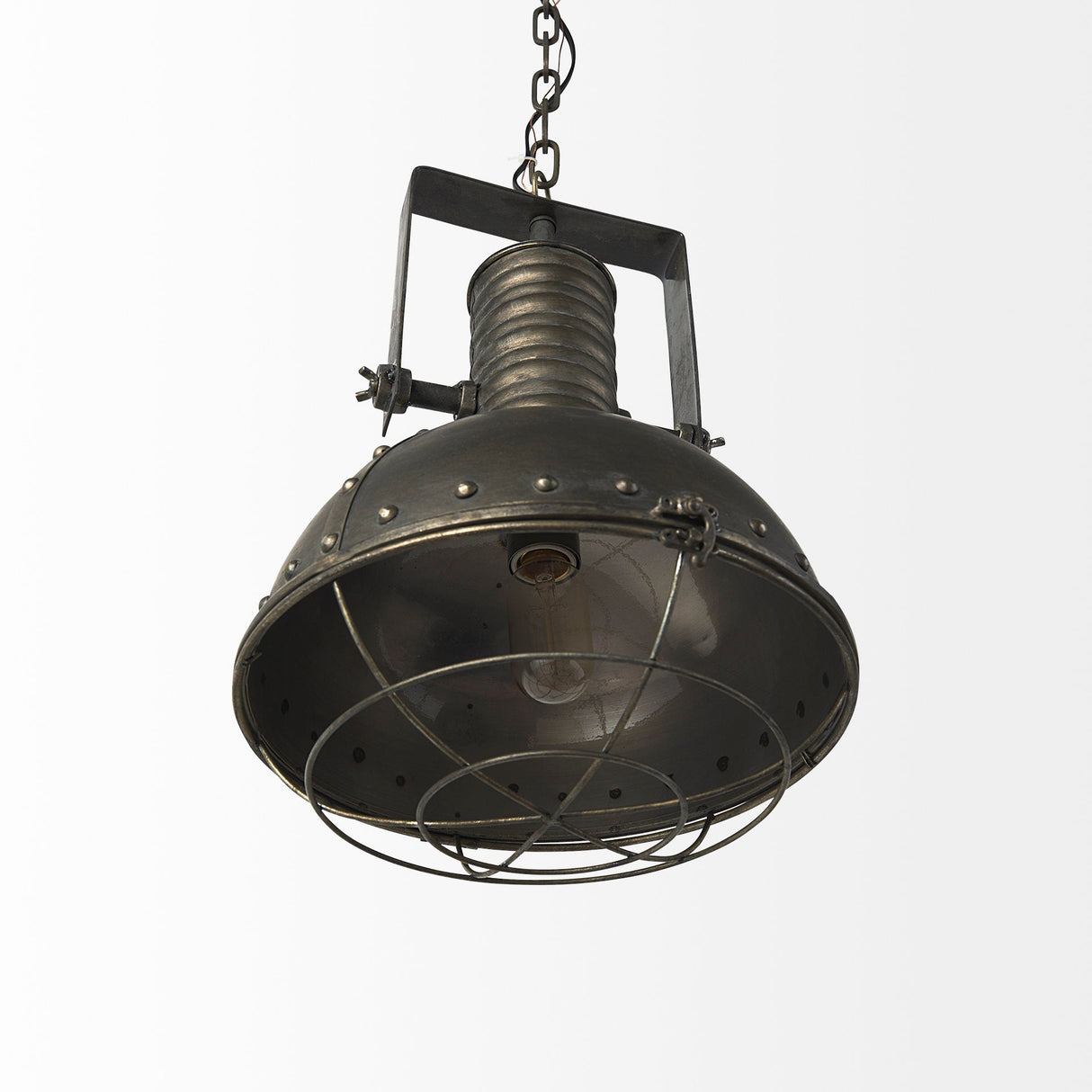 Zaio Weathered Antique Gold Metal Caged Bulb Pendant Light by Mercana at Eve Furniture