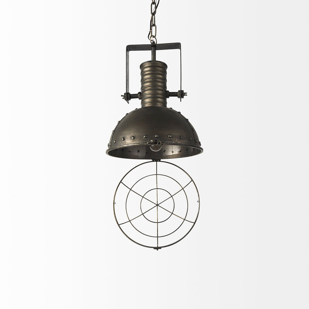 Zaio Weathered Antique Gold Metal Caged Bulb Pendant Light by Mercana at Eve Furniture