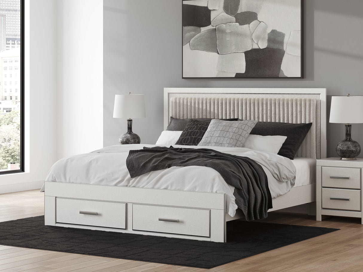 Zuraleus White Upholstered Storage Panel Bedroom Set with 2 Footboard Drawers by Ashley at Eve Furniture