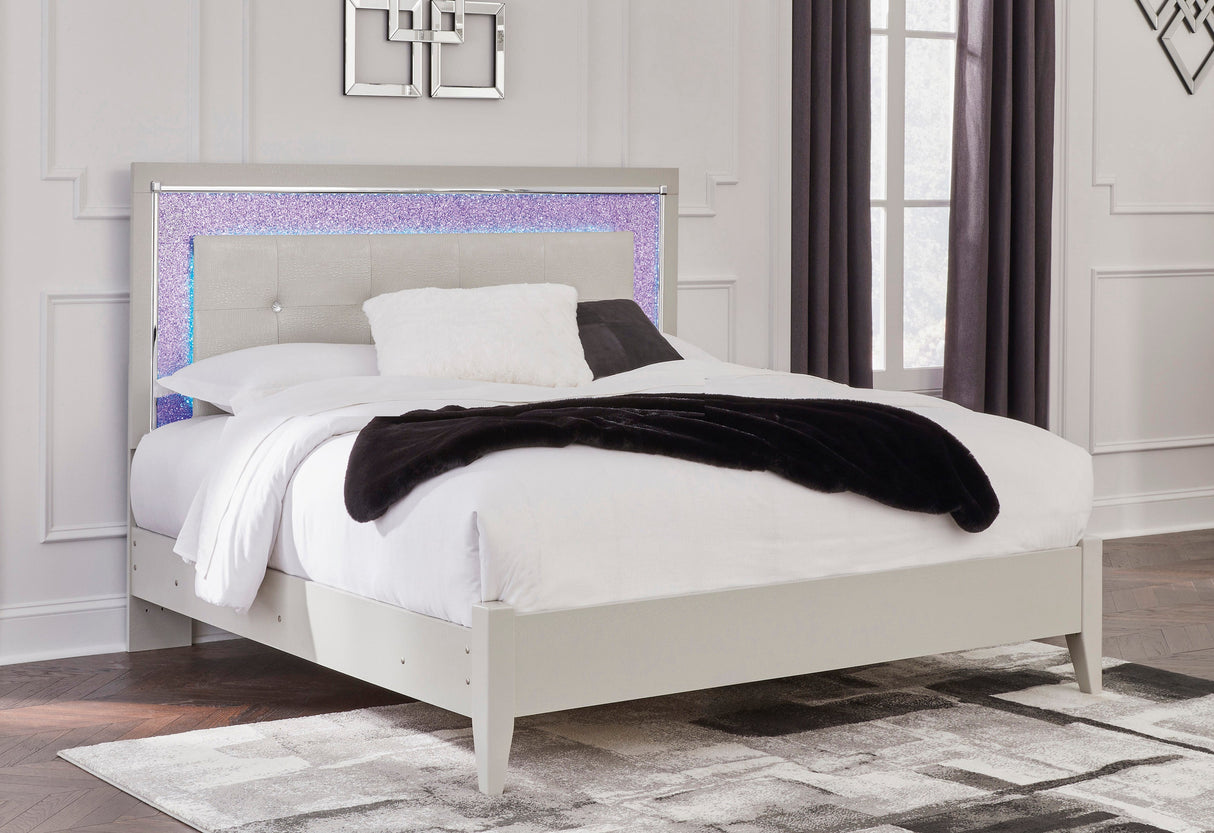 (Special) Zyniden Silver Queen LED Upholstered Panel Bed by Ashley at Eve Furniture
