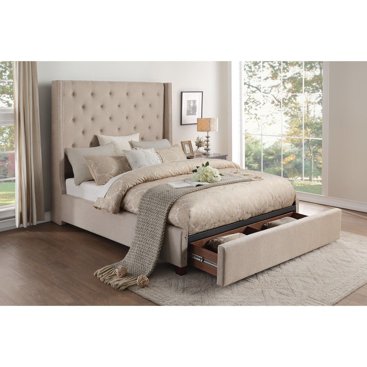 Fairborn Beige Queen Upholstered Storage Platform Bed by Homelegance at Eve Furniture