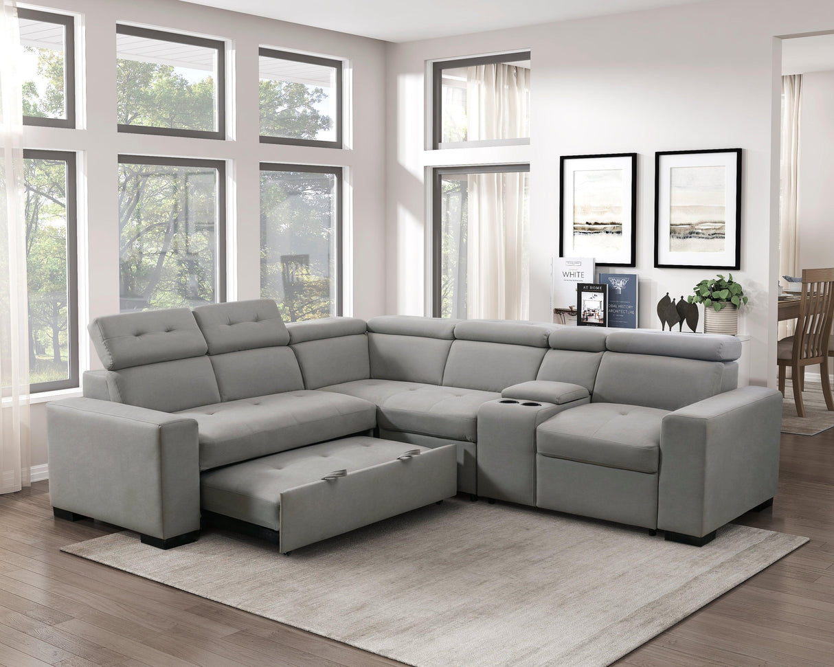 Farrah Light Gray 3-Piece Sectional with Adjustable Headrests, Pull-out Bed and Console by Homelegance at Eve Furniture
